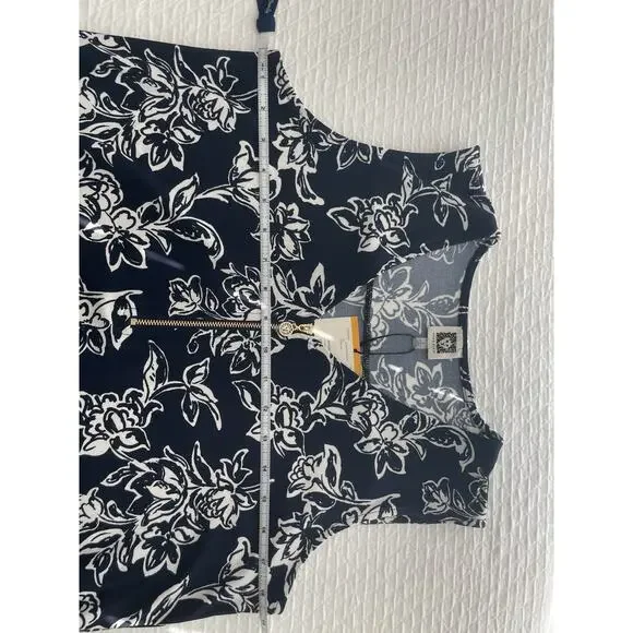 NWT Ann Klein Blouse Top Small Navy White Floral Stretch Office Career Business - Picture 5 of 6